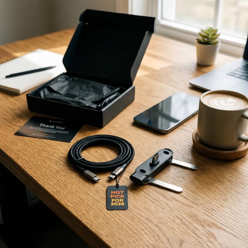 Καλώδιο USB-C και βάση 360° σε ξύλινο γραφείο με καφέ, κινητό και ανοιχτό κουτί