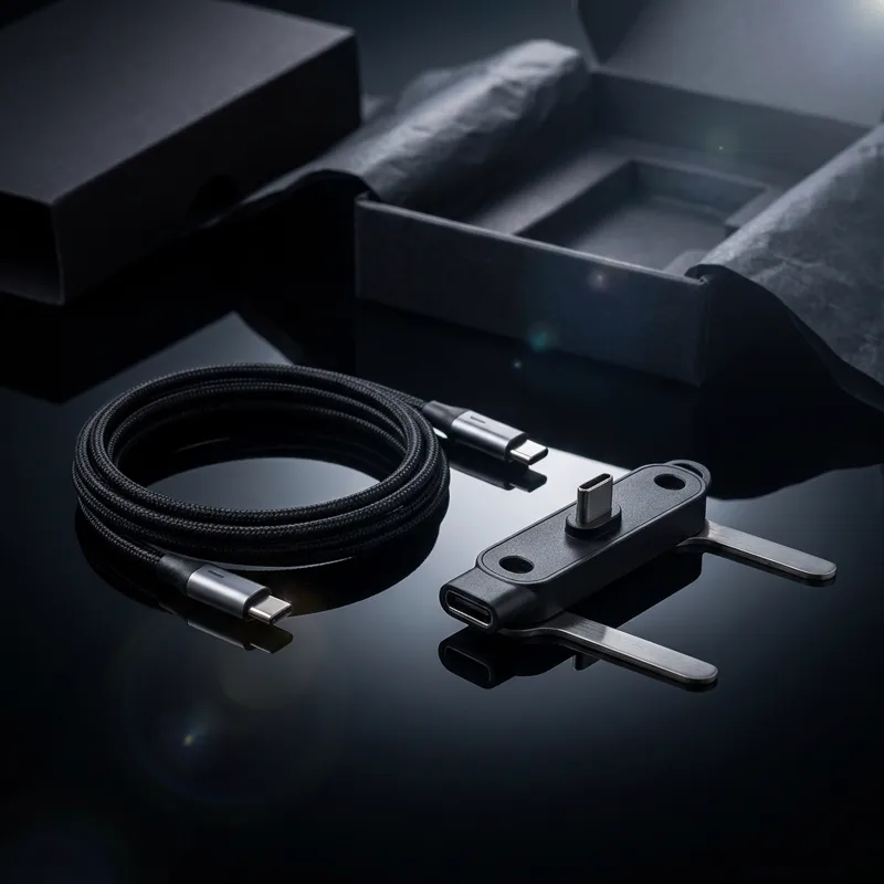 Καλώδιο USB-C 240W από μαύρο πλεκτό νάιλον και αναδιπλούμενη βάση 360° σε σκούρα επιφάνεια, με το κουτί ανοιχτό πίσω