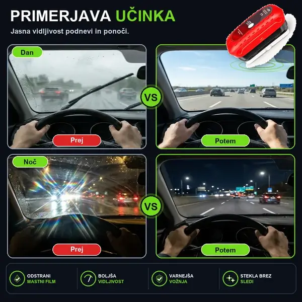 Primerjava dnevnega in nočnega pogleda skozi vetrobransko steklo prej in po čiščenju