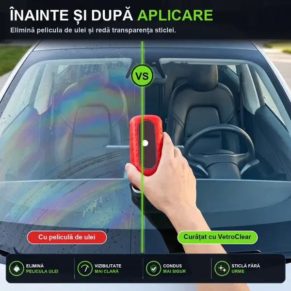 Parbriz împărțit pe jumătate arătând pelicula de ulei înainte și sticla transparentă după VetroClear
