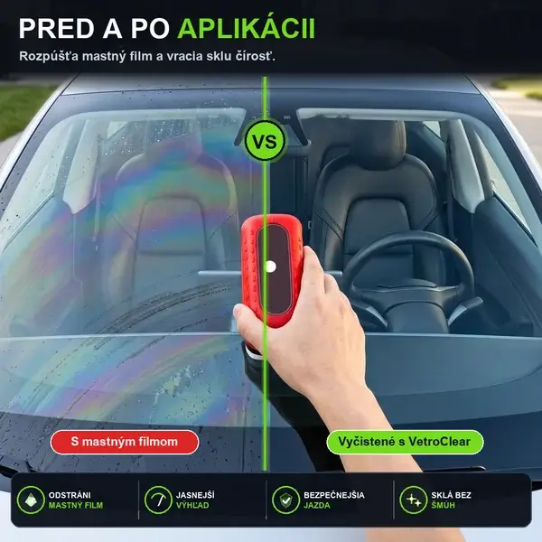 Čelné sklo rozdelené na polovicu ukazujúce olejový film pred a čisté sklo po použití VetroClear
