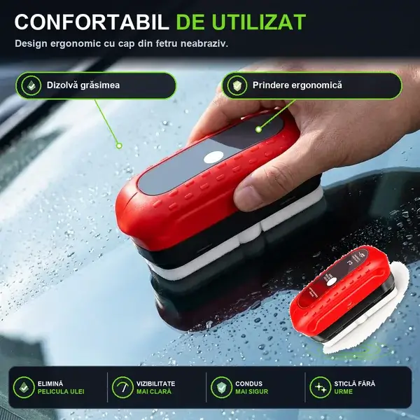 Aplicatorul VetroClear în utilizare pe parbriz