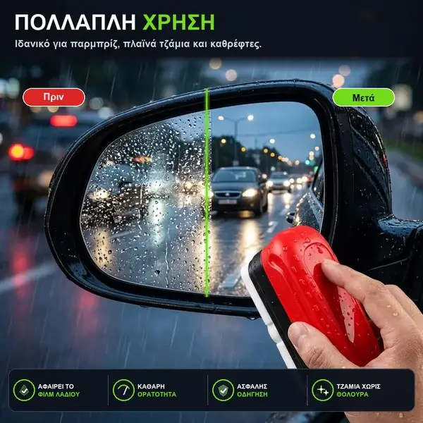 Πλαϊνός καθρέπτης πριν και μετά την εφαρμογή του VetroClear στη βροχή