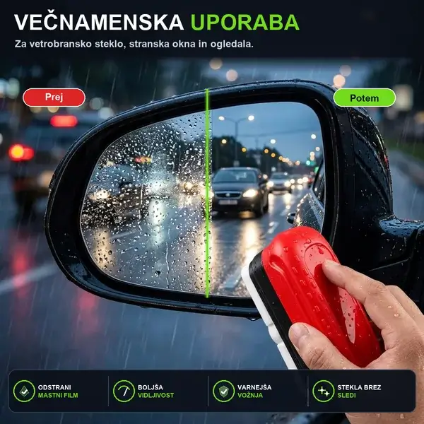 Stransko vzvratno ogledalo prej in po nanosu VetroClear v dežju